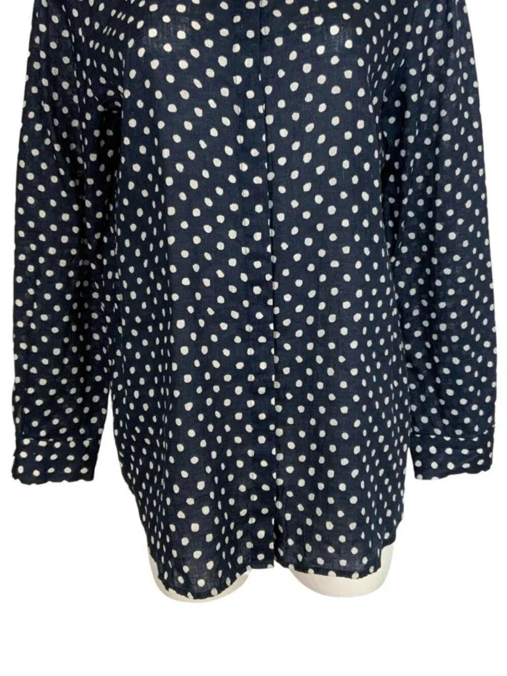 Lafayette 148 Linen Button Front Shirt L Blue Polka Dot - Picture 12 of 15